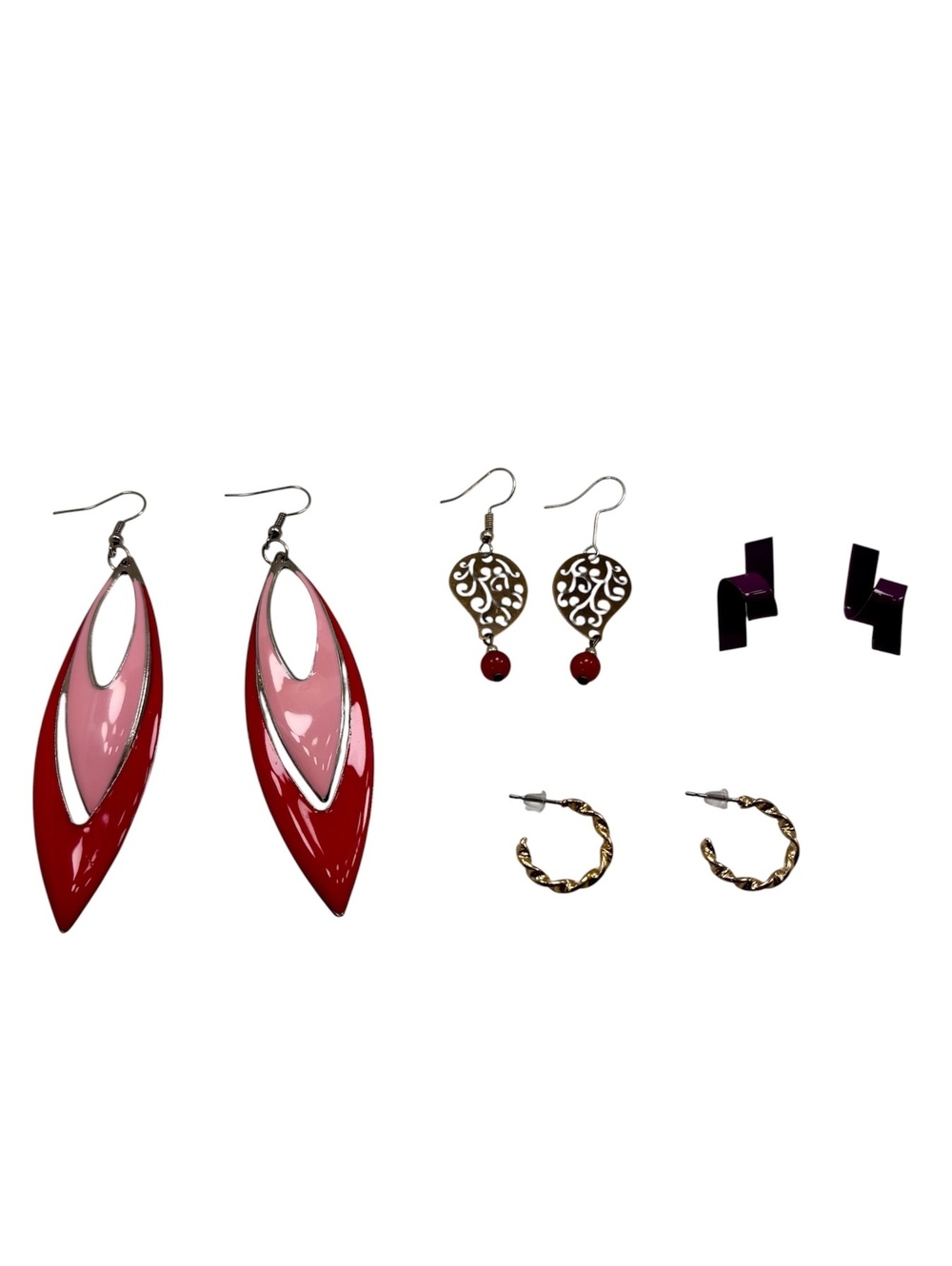 Set of 4 Pairs Fashion Earrings Various Style: Enamel Boho Filigree Hoops Ribbon